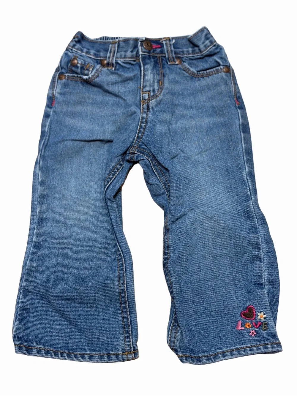 OshKosh B’gosh Girls Denim Jeans Love Heart Floral Embroidery Adjustable Waist